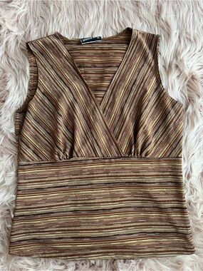 Y2K Fashion Bug Striped Knit Tank in Brown, Gold & Cream Tones large
